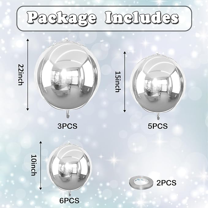 14 Pcs Silver Round Foil Balloons 22/15/10 4D Ball Balloons Metallic Silver Balloon Ornament Mylar Balloon Chrome for Graduation Birthday Wedding Anniversary New Year Disco Party Decorations