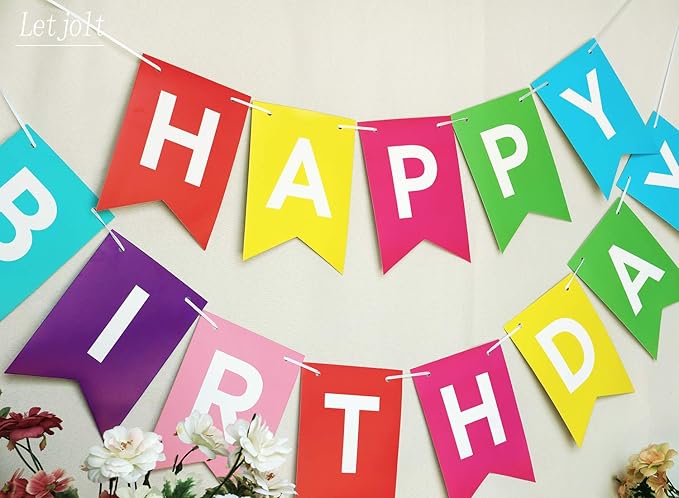 Letjolt Happy Birthday Banner Party Bunting Colorful Signs for Rainbow Kids Birthday Decorations Nursery Hanging Decor 13pcs