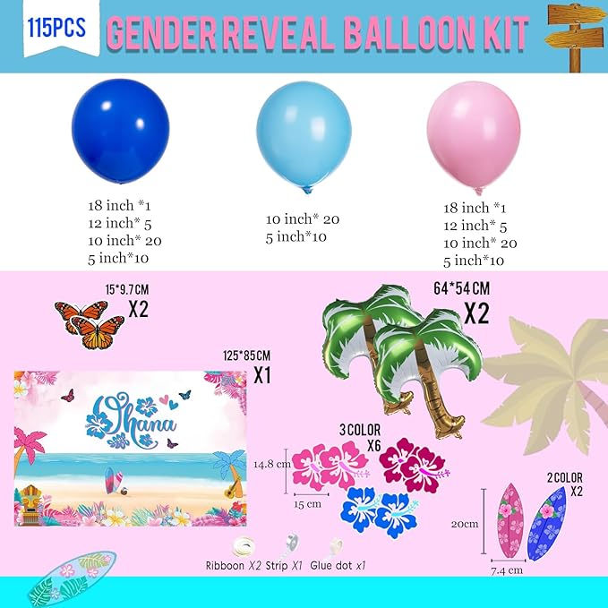 Blue and Pink Balloon Garland Arch Kit with Coconut Tree foil balloons ohana Backdrop Hibiscus Flower Paper Card for Summer Hawaii gender reveal Baby shower Hawaii cartoon birthday party decorations