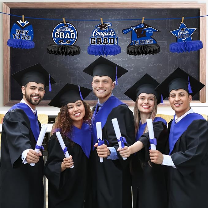 9PCS Graduation Party Decorations Class of 2026 Congrats Grad Table Centerpiece Congratulate Graduation Honeycomb Table Toppers for Graduation Party Supplies(Blue,Black）