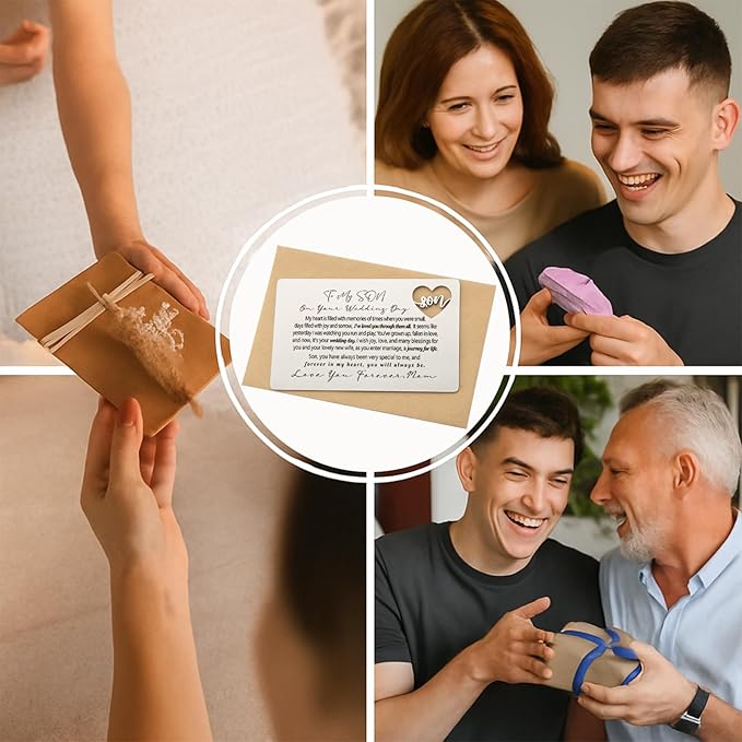 YODOCAMP To My Son on Your Wedding Day Wallet Insert, Stainless Steel Laser-Engraved Postcard with Heart Cutout from Mom, Sentimental Wedding Gift for Son, Pocket Keepsake with Loving Message QBK03