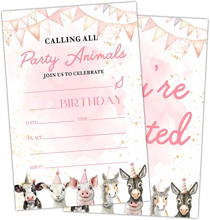 Farm Animals Birthday Party Invitation Cards for Girls Boys, Calling All Party Animals Birthday Celebration Party Invite Cards Supplies, 20 Double-Sided Fill In Invites With Envelopes -05