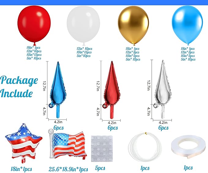 Bonropin Red White and Blue Balloon Garland Kit with Gold Balloons USA Flag Foil Balloon for Nautical Veterans Memorial Day Baseball Theme Party 4th of July Balloon Arch Graduation Decorations