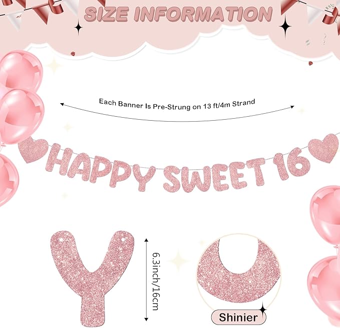Fulmoon Pre Strung Happy Sweet 16 Banner Glitter Sixteenth Birthday Party Decorations 16th Party Sign Sweet 16 Party Decorations for Birthday Party Bachelorette Party(Rose Gold)