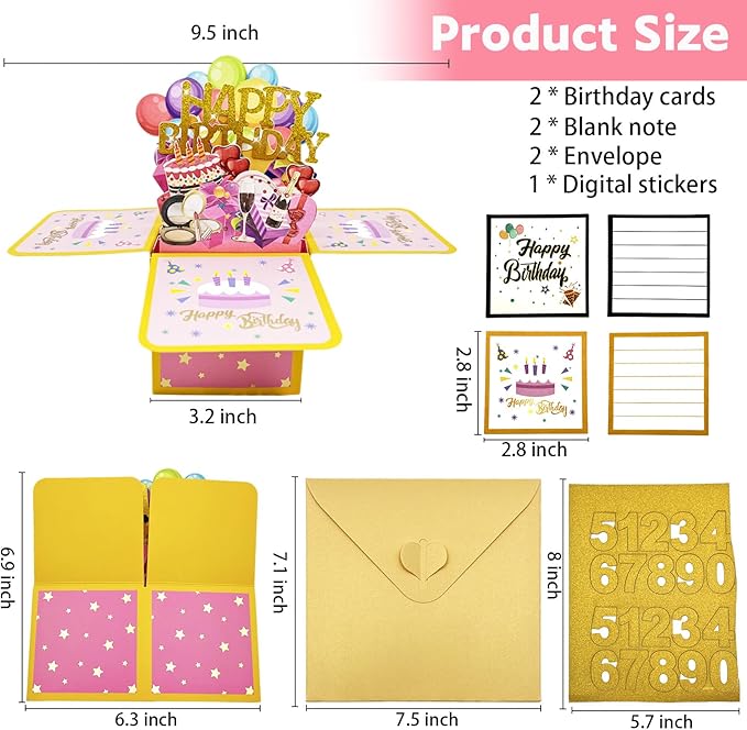 2 Pcs Sweet Happy Birthday Pop Up Card, Funny 3D Birthday Gift Box for Adults and Kids with Envelopes, Unique Handmade Foldable Celebration Cards for Daughter,Son,Mom,Dad,Husband,Friend (Black pink cake)