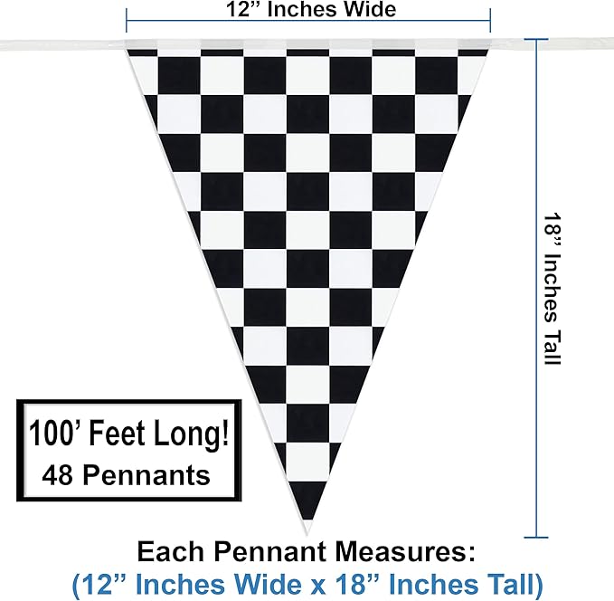 Checkered Flags Black and White 100’ FT Pennant Racing Banner | NASCAR Theme Party Decoration Plastic Flag | Race Car Parties Décor | Decorative Birthday BBQ Bar Hanging Accessories | 2-Pcs Banner Set