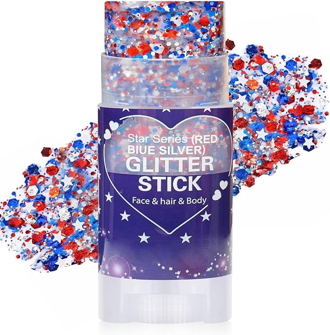 Red White Blue Hair Glitter Stick,Patriotic Face Body Glitter,4th of July Accessories,Fourth of July Outfits for Women,Patriotic Day Memorial Day Waterproof Chunky Glitter Makeup