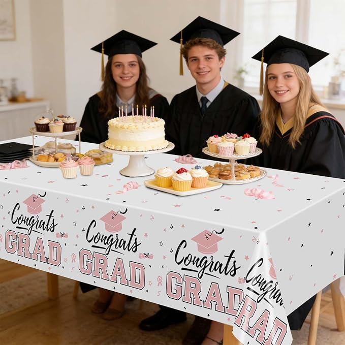 Oigco 2 Pack Pink Graduation Tablecloths, Graduation Decorations Class of 2026, Congrats Grad Plastic Table Cloths for Graduation Party Decorations, 54 x 108 Inch