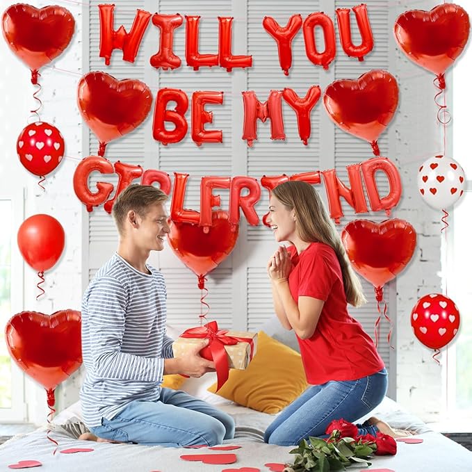 2 Set 16 Inch Will You Be My Girlfriend Balloons Banner, Red Proposal Letter Balloons with 10 Heart Shaped Balloon for Romantic Decorations, Engagements, Anniversaries, Valentines Day Decor