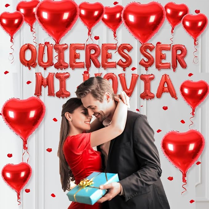 2 Set 16 Inch QUIERES SER MI NOVIA Balloons, Red Will You Be My Girlfriend Letter Balloons Spanish with 200pcs Artificial Rose Petals for Valentines Anniversary Day Banner Decorations