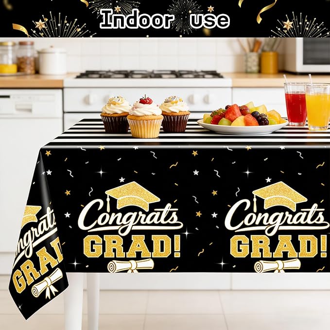 7-Pack Graduation Party Decorations Set, 3 Black Gold Graduation Tablecloths 54x108in, 2026 and Grad Balloons, 2 Foil Fringe Curtains for High School College Graduation Party Photo Booth