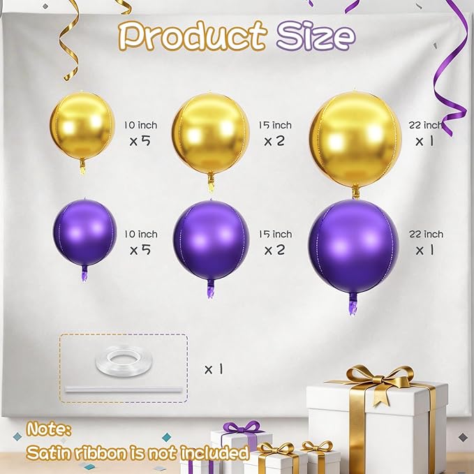 Togvu Purple Gold Round Foil Balloons, 16PCS Different Sizes 4D Metallic Balloon Large Sphere Mirror Ball Balloons for Prom Graduation New Year Festival Birthday Party Ceiling Decorations Supplies