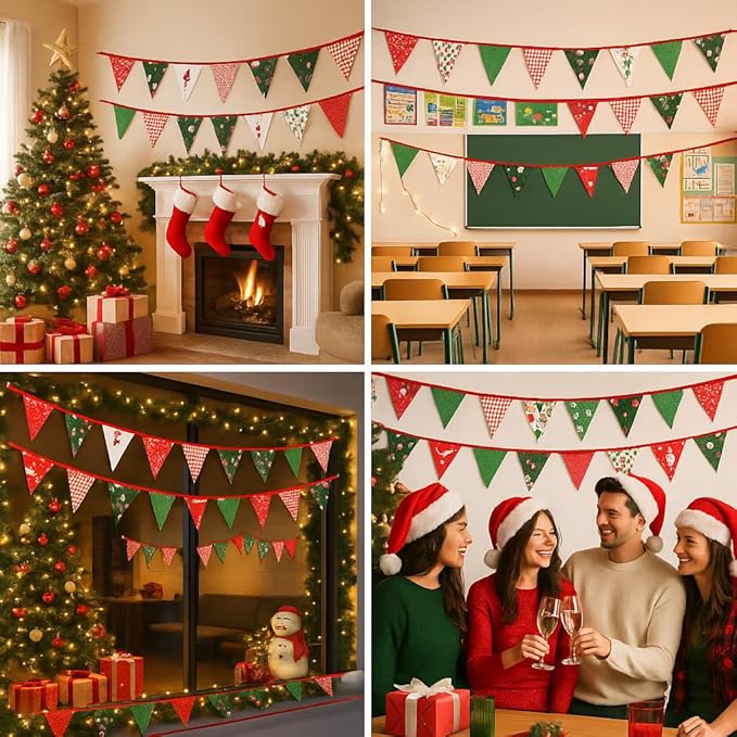 GCQQ Christmas Pennant Banner 40FT Cotton Fabric Xmas Banner 42Pcs Red Green Merry Christmas Party Banner 14 Rustic Different Floral Bunting Garlands for Home Outdoor Decoration