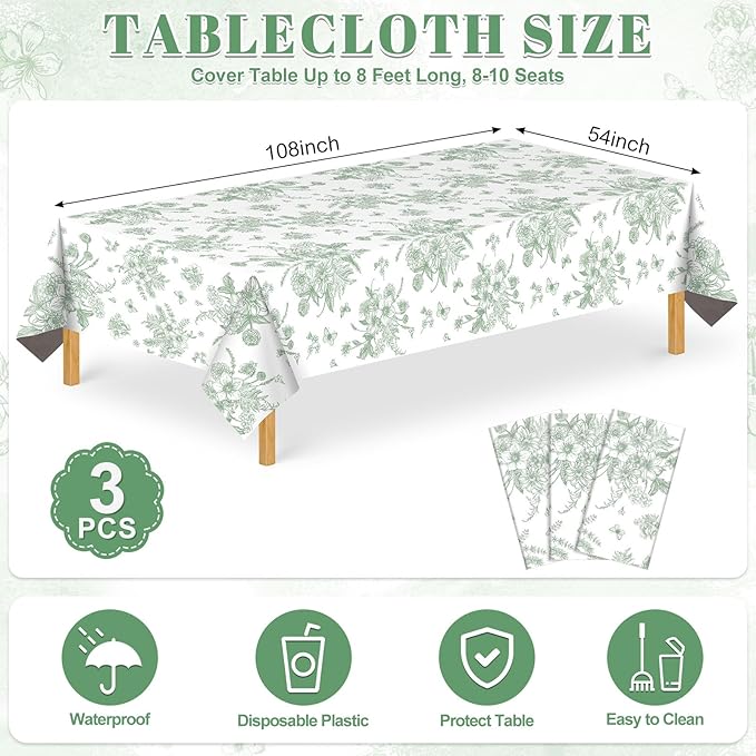 3 Pack Sage Green Floral Plastic Tablecloths, 54 X 108Inch Tea Party Tablecloth Disposable Table Cloths Green and White Porcelain Tables Decor for Mother's Day Birthday Garden Wedding Tea Party