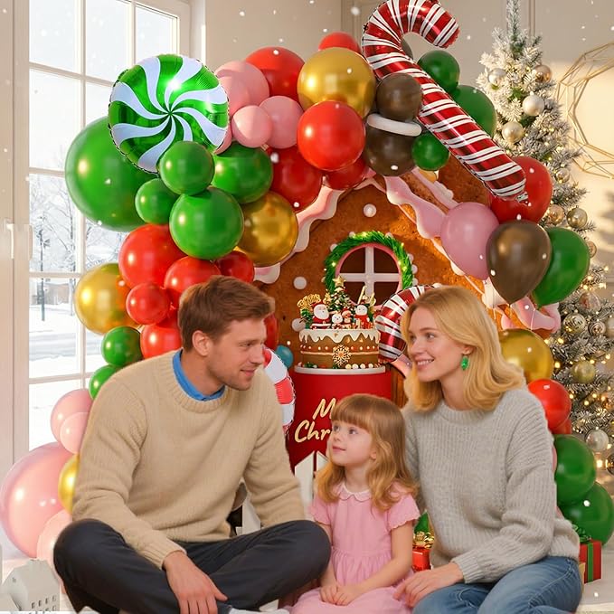 Pink Christmas Balloon Arch Kit Red Green Candy Cane Balloons Brown Gold Diy Gingerbread Balloon Arch Garland for Xmas Christmas Birthday Party Decorations Holiday New Year Decor