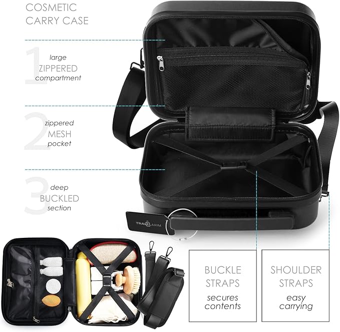 TRAVELARIM 20 Inch Carry On Luggage 22x14x9 Airline Approved, Carry On Suitcase with Wheels, Hard-shell Carry-on Luggage, Durable Luggage Carry-On, Black Small Suitcase with Cosmetic Case