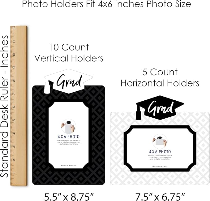 Graduation Photo Display Centerpiece Kit - 15 Double-Sided Photo Table Topper Sticks, Vertical and Horizontal 4x6 Picture Holders, DIY Party Decoration Set - Black and White Grad