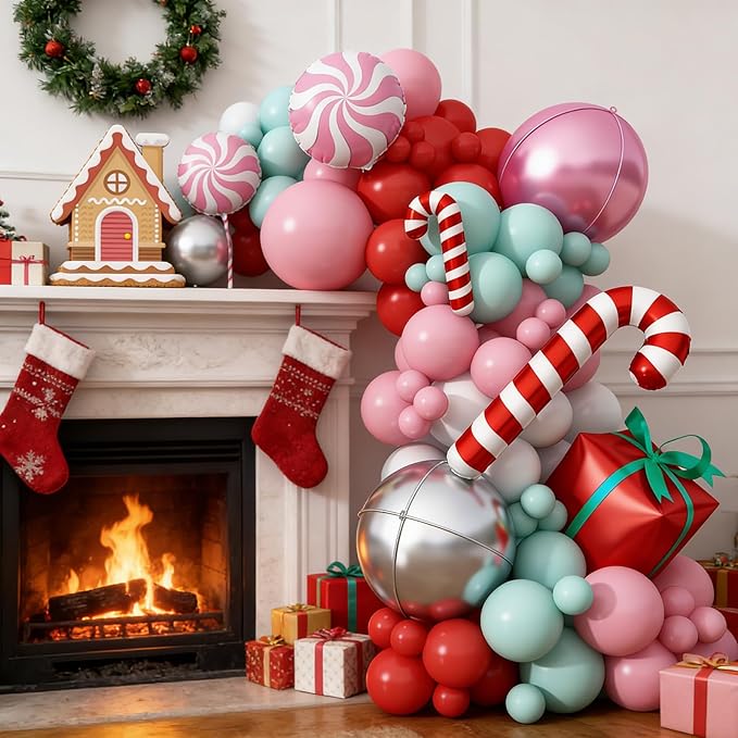 Christmas Balloon Garland 129pcs, Gingerbread Pink Green Red White Balloons Arch Kit with Foil 22inch Large 4D Balloon Candy Cane Gift Box Balloons for Christmas Party New Year Xmas Holiday Decoration