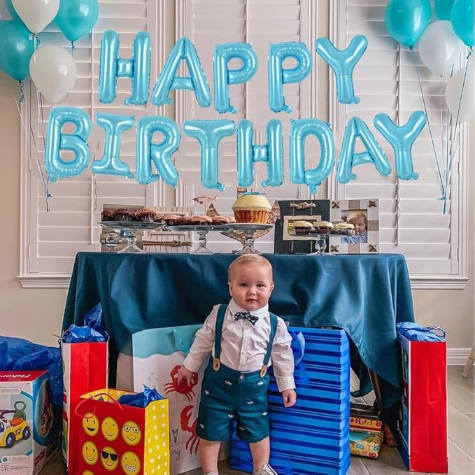 TONIFUL Light Blue Happy Birthday Balloons Banner, 16 Inch Mylar Foil Letters Sign Bunting Reusable for Girls Boys Kids & Adults Birthday Decorations Party Supplies