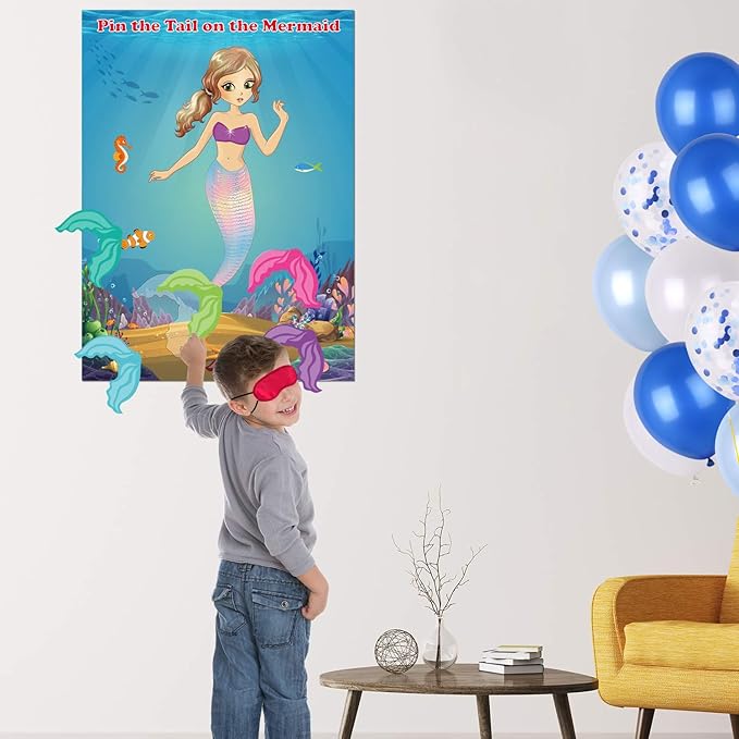 FEPITO Mermaid Party Supplies Pin The Tail on The Mermaid Party Game with 24Pcs Tail Stickers for Kids Birthday Party