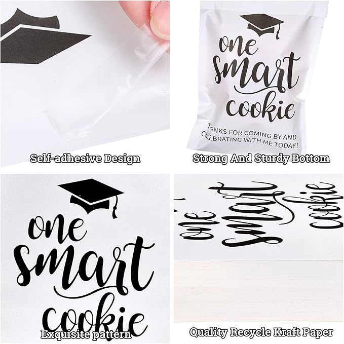 Whaline 100 Pack Graduation Candy Cookie Gift Bags One Smart Cookie Self-Adhesive Buffet Treat Bag Congrats Grad White Kraft Paper Treat Gift Bags for Graduation Party Decoration Supplies