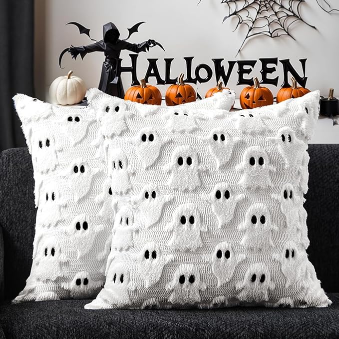 DFXSZ Halloween Pillow Covers 22x22 inch Set of 2 White Ghost Throw Pillow Cases Soft Plush Faux Fur Wool Couch Cushion Case for Chair Sofa Bedroom Living Room Home Decor PTK03A22