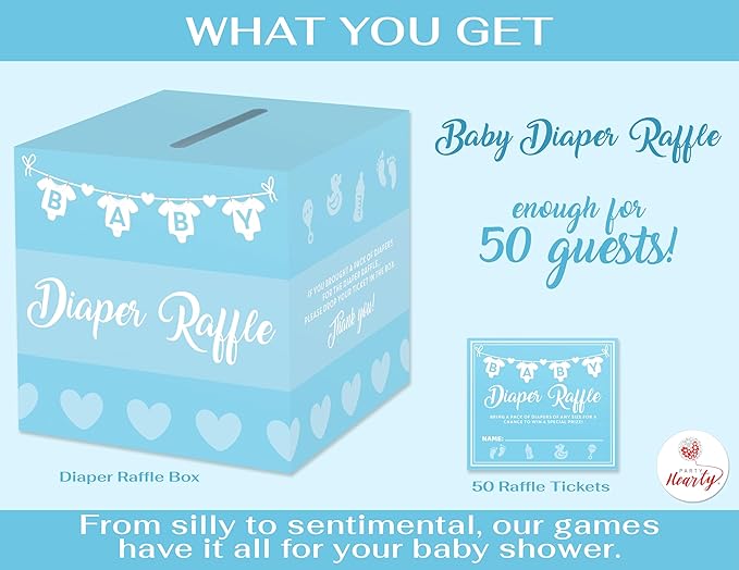 Party Hearty Baby Shower Games for Boy, 50 Blue Diaper Raffle Tickets, Diaper Raffle Ticket Cards Box, Baby Shower Decorations, Raffle Prizes, Ideas