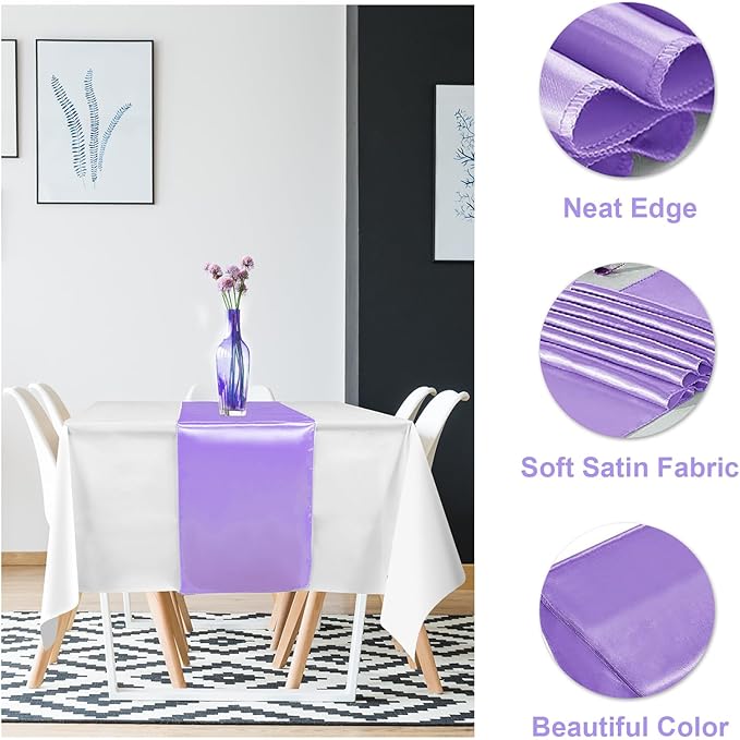12Pack 12x108Inch Satin Table Runner and 54x108Inch Plastic Tablecloths White Light Purple Disposable Rectangle Table Cover for Graduation Wedding Bridal Shower Anniversary Birthday Party Decorations