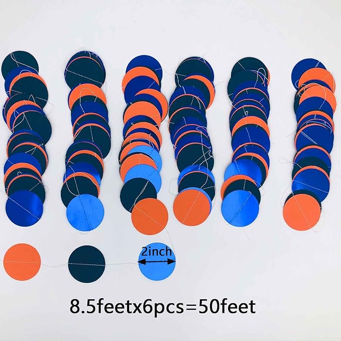 We Moment 50ft Glitter Navy Blue Orange Party Decorations Paper Circle Dot Garland Backdrop Paper Polka Dot Hanging Decor for Wedding Birthday Baby Shower Bridal Shower Graduate