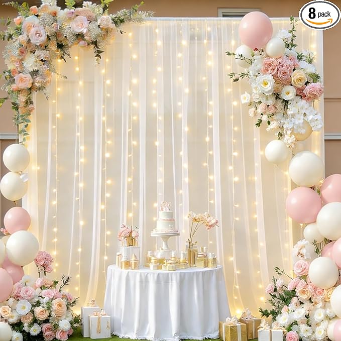 Ivory Tulle Backdrop Curtain with Lights Strings, Elegant Sheer Photo Backdrop Drapes 2 Panels, Soft Fabric Curtain for Weddings Brithday Baby Shower Parties Photography Background Decor,10ftx8ft