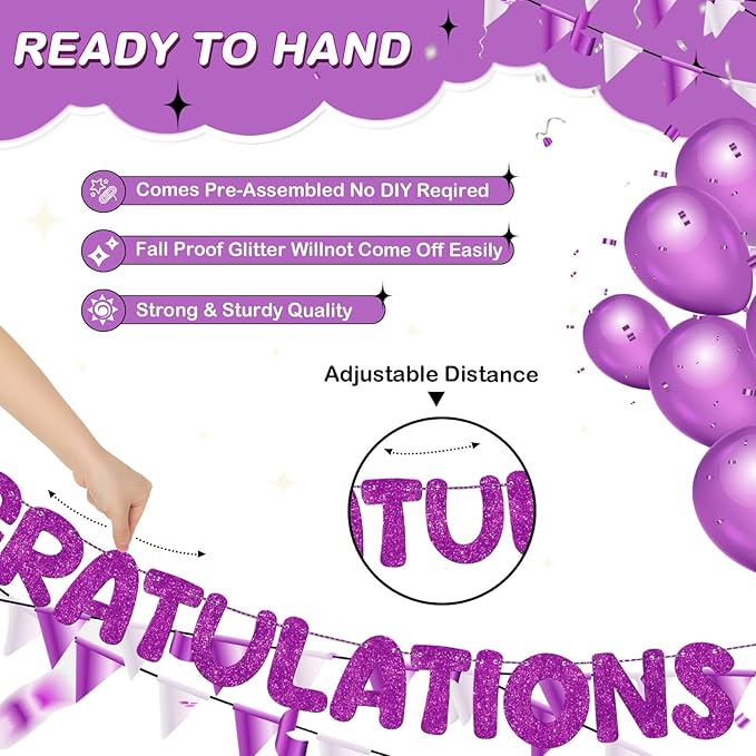Fulmoon Pre Strung Congratulations Quitter Glitter Banner Funny Retirement Banner Graduation Party Decorations Going Away Supplies Garland for Men Women Gifts, No DIY(Purple)