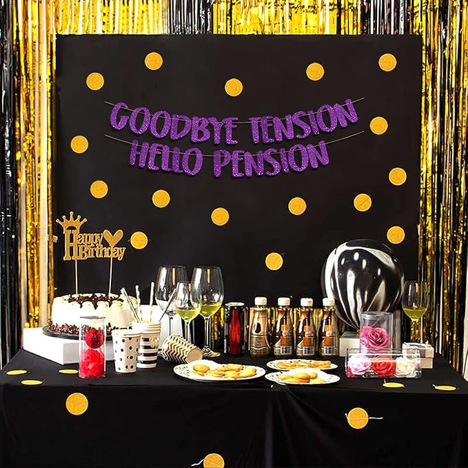 Pre-Strung Goodbye Tension Hello Pension Purple Glitter Banner - Funny Retirement Decorations for Men and Women - Retirement Party Supplies and Gifts