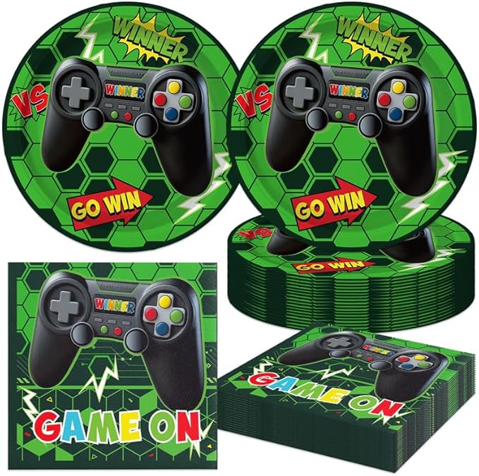 40Pcs Green Video Game Birthday Party Plates and Napkins for 20 Guests Tableware Video Game Supplies for Kids Boys Baby Shower Birthday Party Decorations