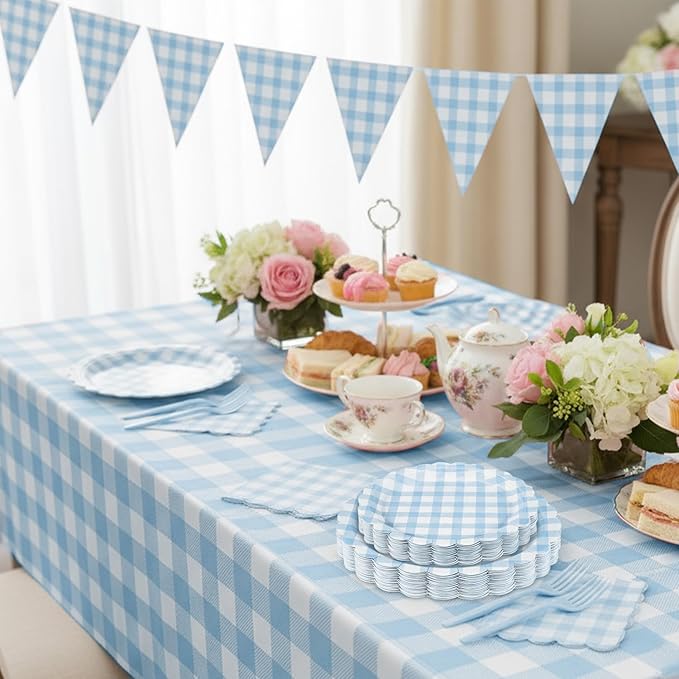 175 PCS Blue Gingham Party Supplies Includes Light Blue Gingham Paper Plates, Cups, Napkins, Cutlery for Wedding Bridal Shower Birthday Baby Shower Party Decorations, Serves 25