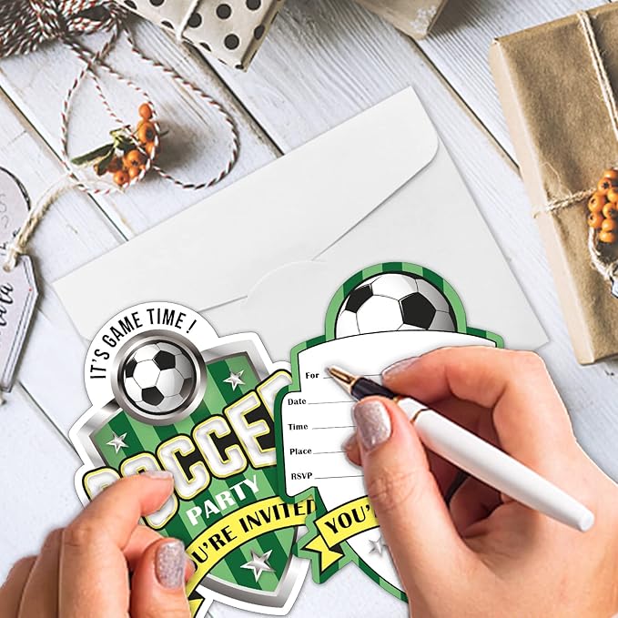 REWIDPARTY Soccer Birthday Party Invitations with Envelopes & Stickers（Set of 15）Soccer Game Shaped Fill-in Invitations Soccer Party Invite Cards Soccer Sport Party Invites Supplies for Kids Adults