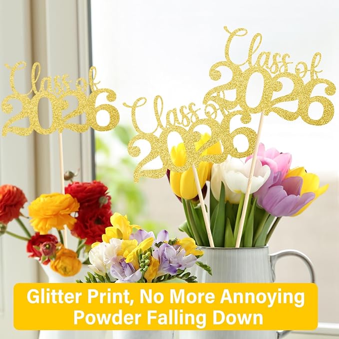 Graduation Decorations Class of 2026, 12 PCS Gold Double-Sided Graduation Centerpieces for Tables, Glitter Table Toppers, Grad Party Decorations