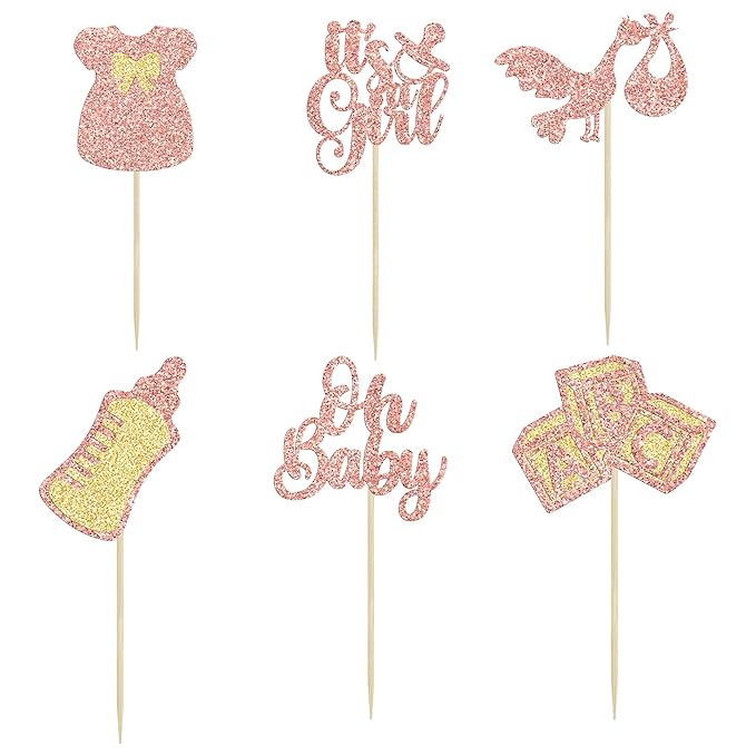 Gyufise 24Pcs Baby Shower Cupcake Toppers Glitter Bow Dress Baby Bottle Oh Baby Cupcake Picks It's a Girl Cake Decorations for Gender Reveal Baby Shower Kids Girls Birthday Party Supplies Rose Gold