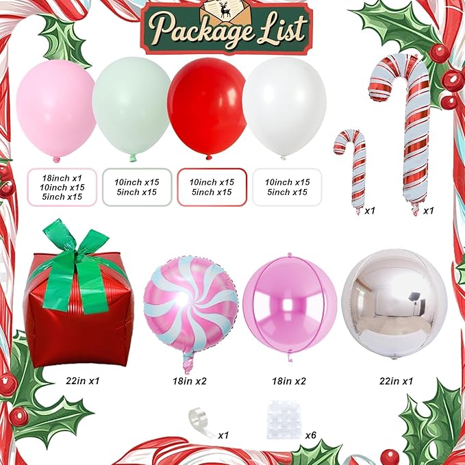 Christmas Balloon Garland 129pcs, Gingerbread Pink Green Red White Balloons Arch Kit with Foil 22inch Large 4D Balloon Candy Cane Gift Box Balloons for Christmas Party New Year Xmas Holiday Decoration