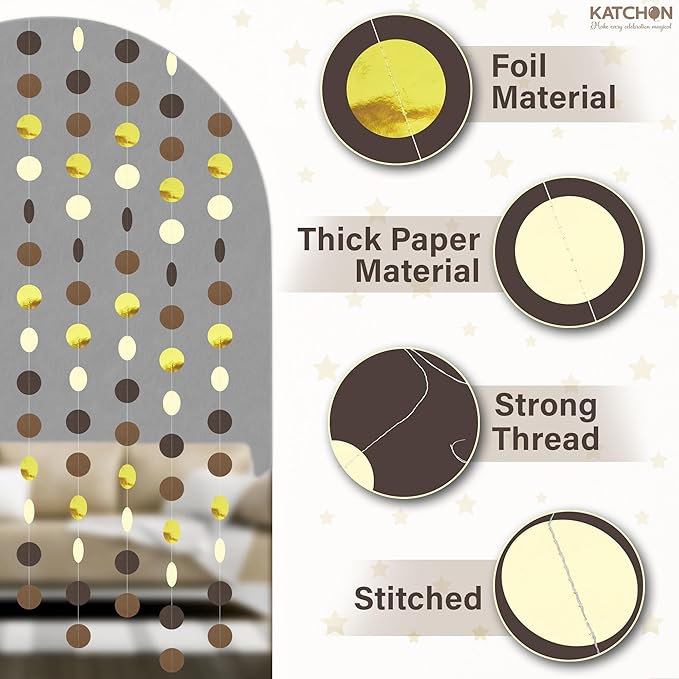 KatchOn, Pre-Strung Circle Gold and Brown Paper Garland - 65 Feet, Pack of 5 | Graduation Decorations 2026 | Black Gold Birthday Decorations | Graduation Backdrop 2026