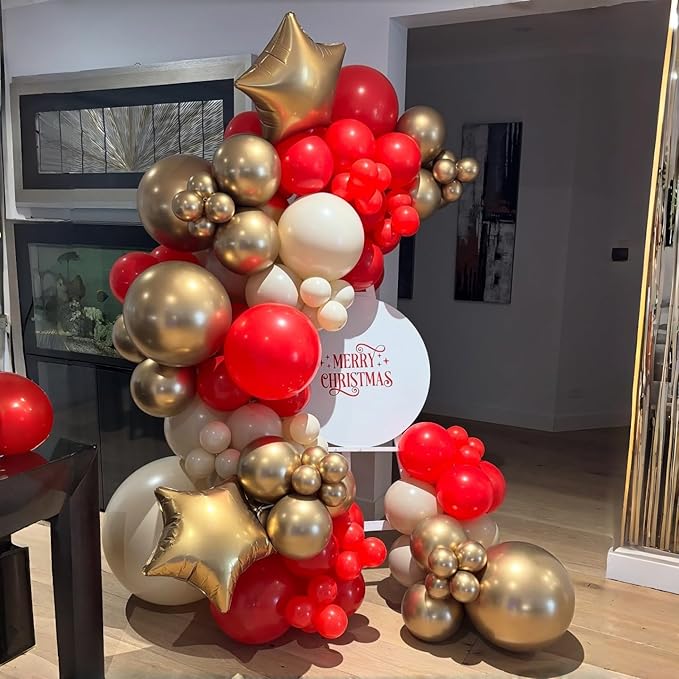 Red and White Balloons Set, 12 Inch Sand White Red and Gold Balloon, Metallic Gold Star Confetti Balloon for Birthday Christmas Wedding Engagement Valentine's Day Graduation New Year Party Decorations