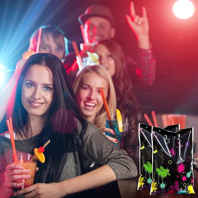 Pajean 50 Pcs Neon Candy Goodie Bags Let's Glow in The Dark Party Supplies Plastic Colorful Treat Bags Neon Gift Wrap Decor with Die Cut Handles for Glow Birthday Party Decoration(Black)