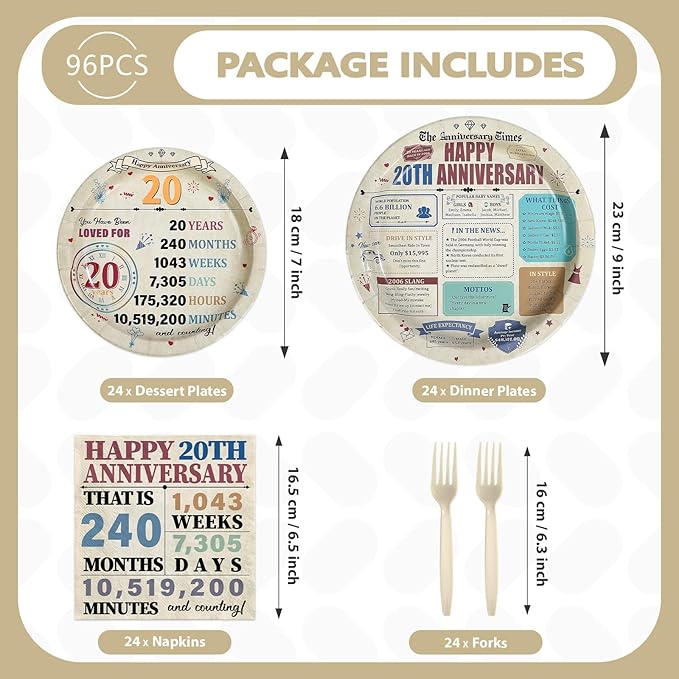 96Pcs 20th Anniversary Party Decorations Retro 20 Years Plates and Napkins 20th Anniversary Disposable Tableware Set for Vintage 20 Year Wedding Company Party Supplies Serves 24