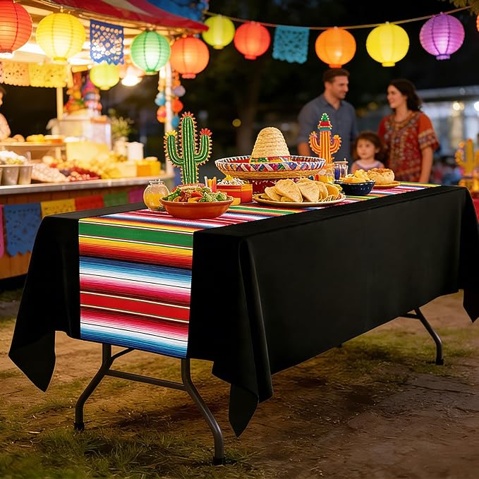 3 Pack Mexican Party Decorations Tablecloths - 108 x 54 Inch Black Fiesta Tablecloth with Serape Stripe for Cinco de Mayo, Taco Twosday Birthday & Outdoor BBQ