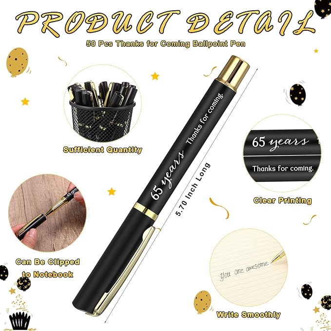 Spakon 25 Set 65th Birthday Party Favor for Guest Anniversary Party Favor Golden Birthday Bookmark Thanks for Coming Pen with Tag Appreciation Gifts for Women Men Wedding New Year