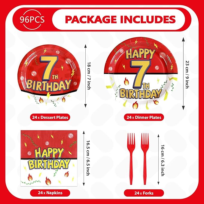 Grencian 96Pcs Happy 7th Birthday Party Supplies Cartoon Anime Themed Paper Plates and Napkins Tableware Sets Red and White Decoration for 7 Year Old Birthday Kids Children Party Serves 24