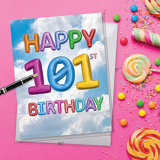 NobleWorks - Milestone Birthday Card with Envelope (Letterhead 8.5 x 11 Inch) - Inflated Messages-101 (Not Actual Balloons) J2769MBG