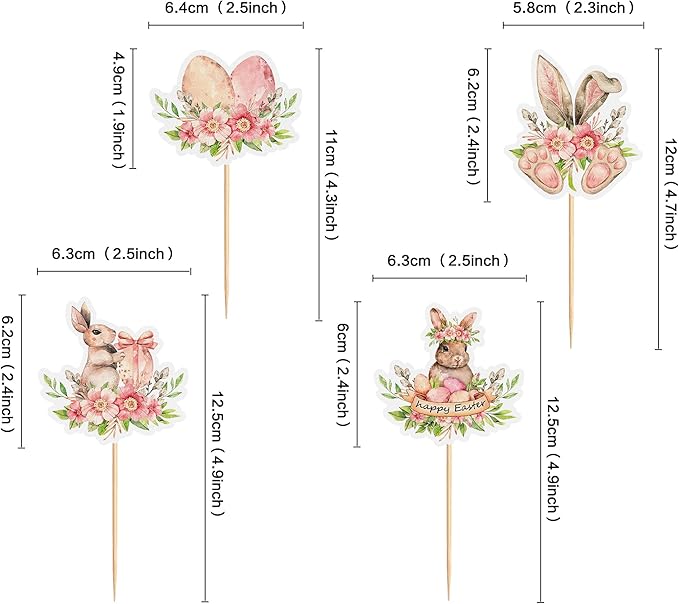 Ercadio 24Pcs Floral Easter Rabbit Bunny Ear Cupcake Toppers Rabbit Egg Happy Easter Cupcake Picks for Easter Day Spring Boys Girls Birthday Baby Shower Party Cake Cupcake Decors Supplies