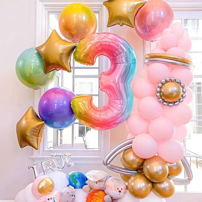 Rainbow Number Balloons Birthday Balloons - Giant Number 3 Balloon 40 inch, Numbers Balloon Birthday Decorations, Rainbow Party Supplies for Baby Shower