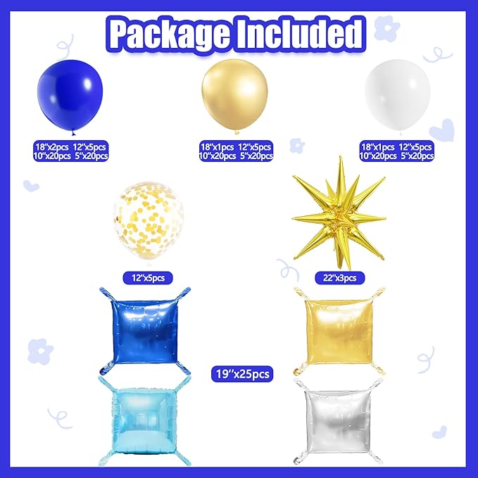 Royal Blue and Silver Checkered Square Foil Balloons Backdrop Wall, Double Sided Tunnel with Dark Blue White Gold Balloon Arch Garland Kit for Birthday Graduation New Year Graduation Party Decoration