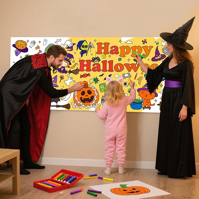 Halloween Giant Coloring Poster 30x72Inch Pumpkin Ghost Versatile Paper Coloring Banner/Table Cover DIY Art Crafts Mat,for Kids Halloween Decor Large Coloring Activity Poster Home Classroom Wall Party
